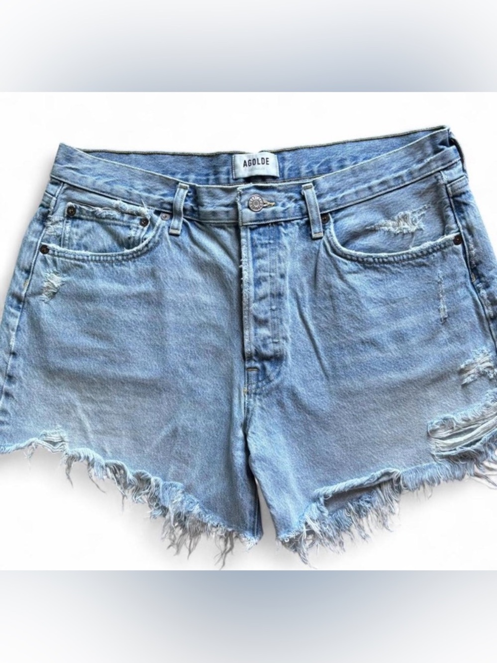 Agolde Light Blue Distressed Denim Jean Shorts
